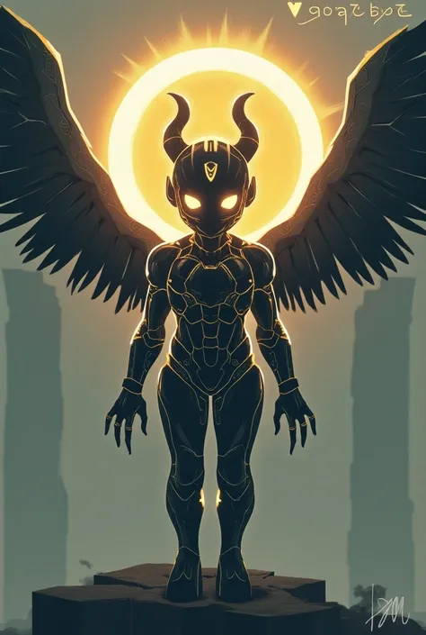 a stylized illustration of a character with a glowing helmet and wings, surrounded by the words "GoatBot " and the text "GoatBot" in the upper right corner. the character is surrounded by glowing wings and a ring around its neck.