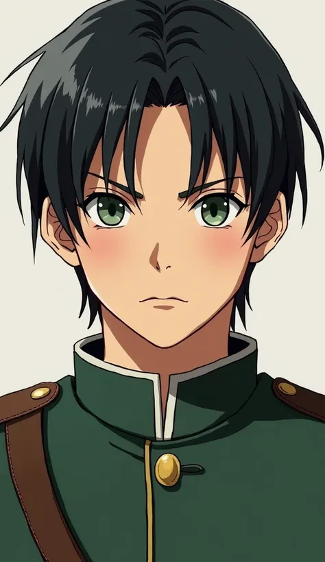 Levi Ackerman Blush, Short Hair, serious, green eyes and he is Japanese