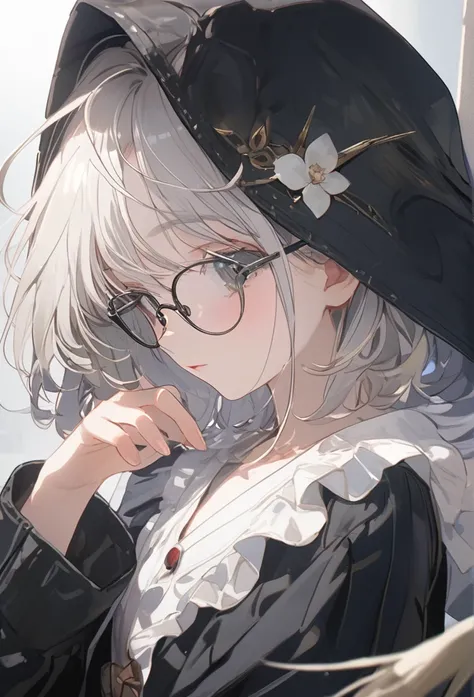 1girl(cute, , white skin, pale skin,(wearing ((simple)) black hood:1.4),(black robe(hood,white embroidery flower pattern, at edge):1.3), ((white frilly dress)), (wearing black glasses:1.4), (((green eyes))), black boots, white hair, bangs, short bob hair, ...