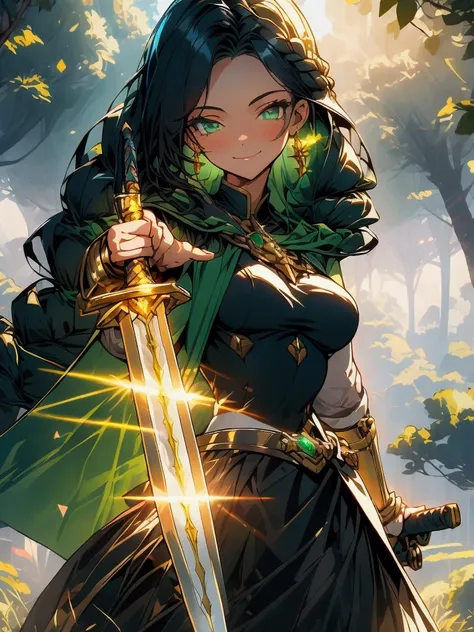  masterpiece ,  Anatomically correct,  The best quality , 1 woman,  black hair ,  Hair in front of the ears , Braid, medium breasts,  Light smile, green eyes, Jealous, plano americano,  Lens flare, armor,  green cape with golden edges, light sword ,  sword...