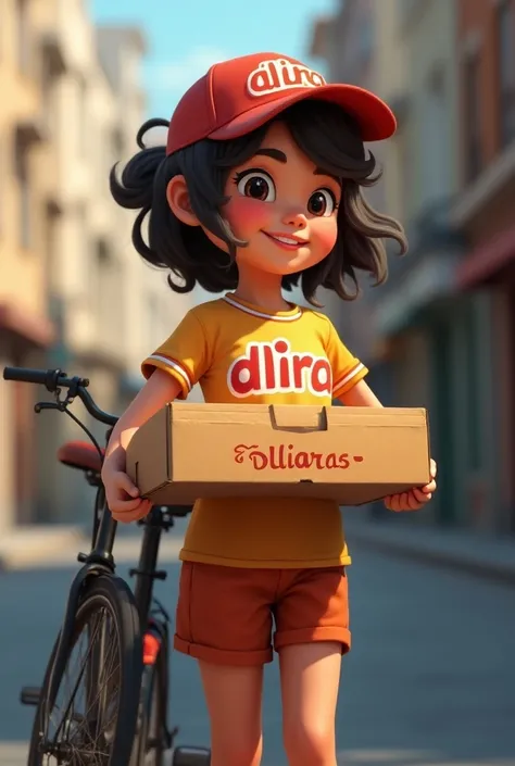 Girl with a pizza box written DLIRA. Her clothes written DLIRA.  Bicycle next door