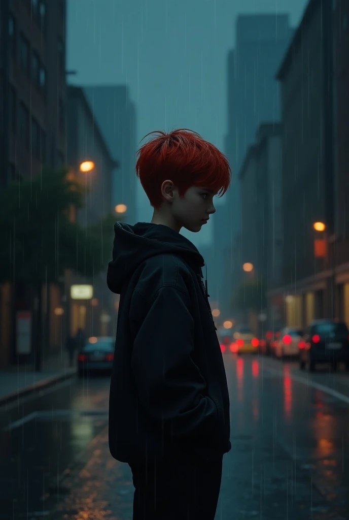 A boy, red hair,  is expressionless in the face of the midnight rain,  this one is in the street and soaked , well, It does not have an umbrella . Preferably seen from the front