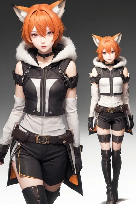 The illustration features an anime-style character with fox-like attributes. The character has bright red-orange hair and green eyes, wearing a hood with fox ears. The outfit consists of a sleeveless top with armor-like elements, orange shorts, and knee-hi...