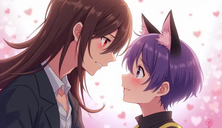 bir anime erkegi ve Brown Hair, Red Eyes, Long Hair ve bu kişi gay ve diğer erkeği inceliyor, inceledigi erkek kısa boylu,  Blush, Smile, Short Hair, Purple Eyes, Cat Ears, 