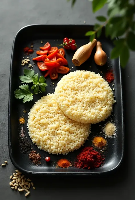 DIY kit for poha in a 4 cased black plate with raw ingredients