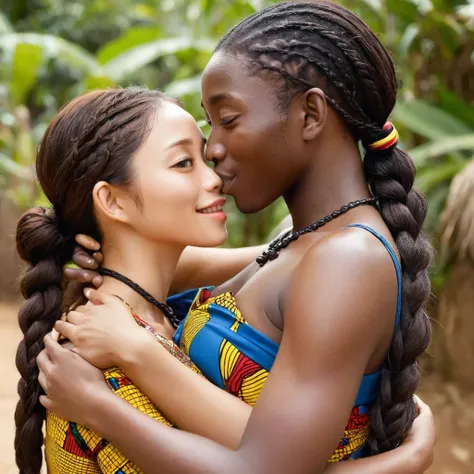 女の肌は黒褐色のガーナ人女性の石原さとみでthe woman is hugging and kissing a strong ghanaian man、、((best quality)), ((masterpiece)), ( details), （ pe...