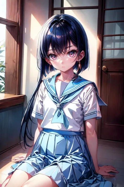 wariza，（​masterpiece，Best Quality），()，((Light blue sailor suit， long skirt))，(Black-haired，Medium Bob)，Pale pink eyes， Embarrassed from，Sleepy look，Delicate body，School