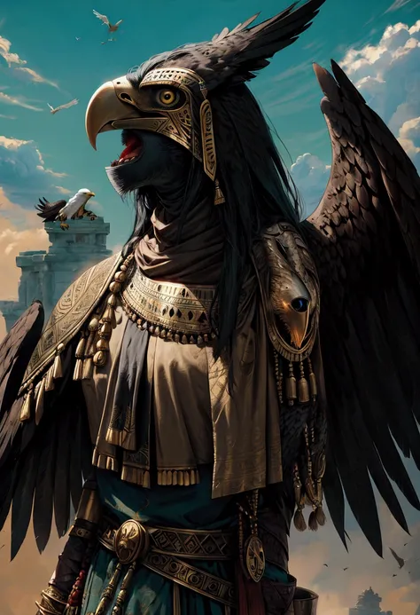 ancient dark fantasy, horus famale warrior, animal head, eagle head, falcon head, bird head, furro bird head