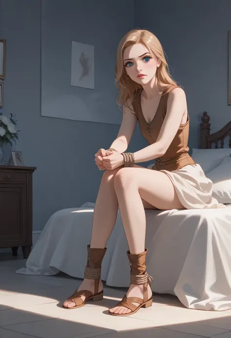 ((full body photo)) Cinderella Disney Disney, masterpiece, perfect face, perfect hands, high quality, 1 girl, Alone, dominatrix, feathers, tied ankles, tied arms, focus full body, knee high leather flats, bound and gagged, intricate details, cinematic ligh...