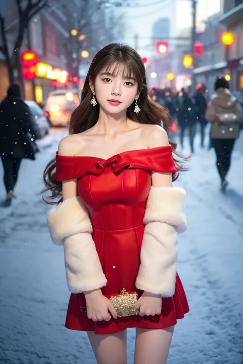 8k，tmasterpiece、quality、ultra - detailed、Master workarilyn Takiocus on the thighs and above，Clear face，（Best quality）， beuaty girl：1.5、((Red fluffy off-shoulder dress style))，long hair fluttering，Snowflake earrings、snowflakes falling、bblurry、the street，