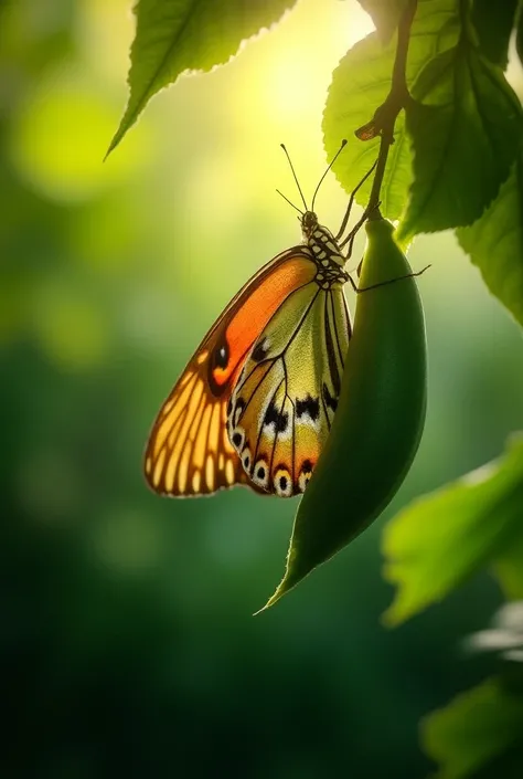 A close-up of a vibrant butterfly emerging from a cocoon, sunlight streaming through leaves