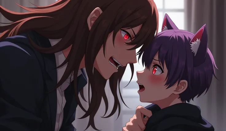 bir anime erkegi ve Brown Hair, Red Eyes, Long Hair, korkutucu, şiddete eğilimli ve bu kişi gay ve diğer erkeği inceliyor, inceledigi erkek kısa boylu,  Blush, Smile, Short Hair, Purple Eyes, Cat Ears, endişeli, korkuyor.