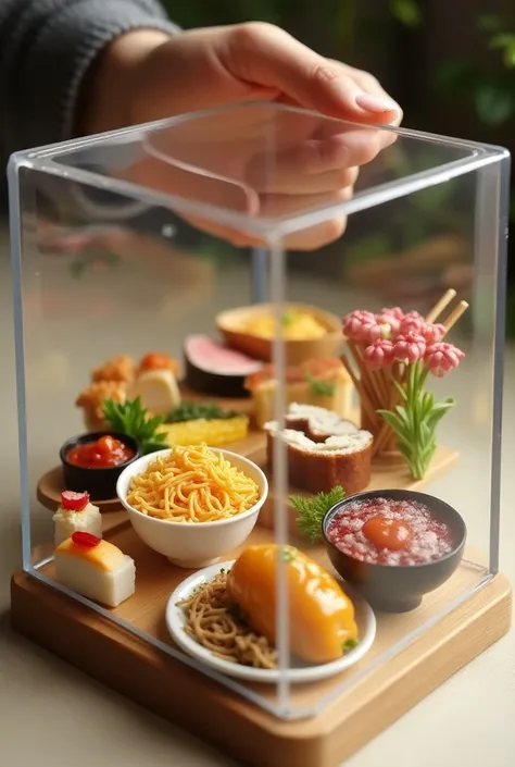 photography, detailed Miniature collection in acrylic show case,  Human hand,  foods, Meals, drink, Gourmet, ramen　pasta　クリームpasta　 several types of cheese 　steak　Luxurious cake　 chicken teriyaki　sushi　Udon　Roll cake　grilled fish　Grilled fish with herbs 　S...