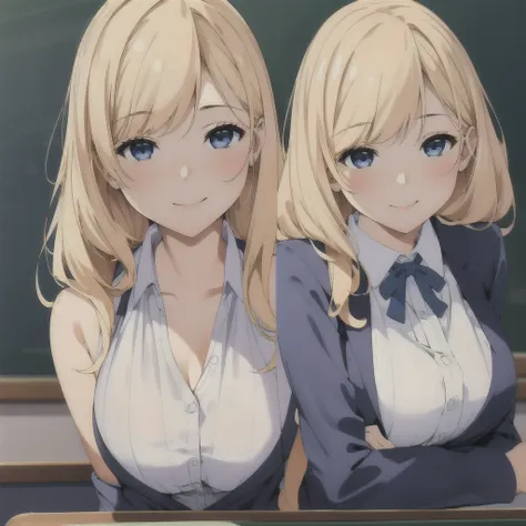  High Resolution 、 High Resolution 、 High image quality 、masterpiece、1 beautiful woman 、２５age、School teacher、blonde、blue eyes、Navy Suit、School classroom、 cute pose、blackboard、smile、((Depiction of upper body only))、((Close-up of a woman))