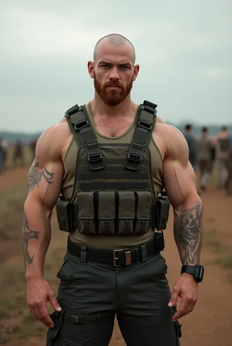 (photorealism:1.2), ((full body)) young attractive bald man, very handsome, european, muscular body, bodybuilder, sexy, white skin, dark red short full goatee, light blue eyes, tactical vest, survivor outfit, background a battlefield, dynamic pose, alpha m...