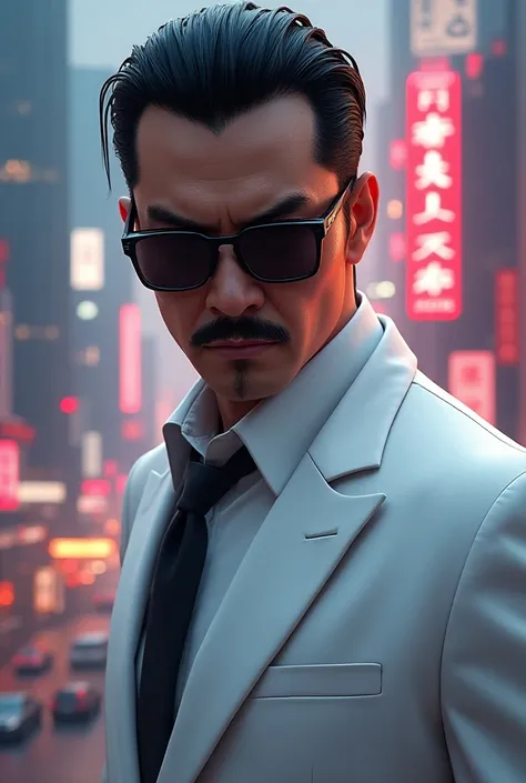 Create an image of a Chinese mobster with black hair, a thin mustache, an evil face in a white suit, a background of a beautiful big city and realistic GTA V style sunglasses