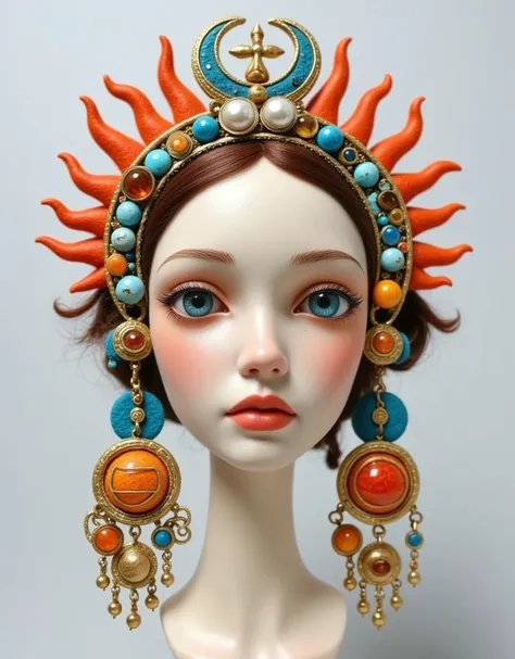 Product Design：medieval jewelry，baroque pearls and eye elements and gemstones，sun，moon，beeswax，amber，turquoise，coral，Felt，Retro， white background for the head only