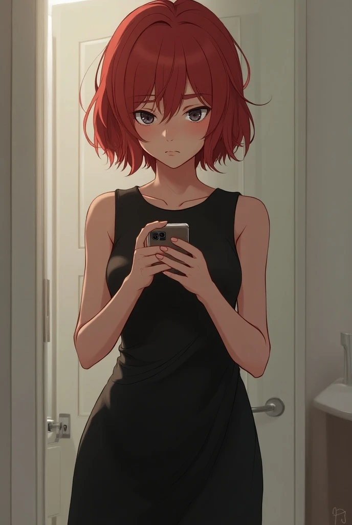 In an anime art style, a young woman with short red hair wearing a black dress looks nervously at her phone.