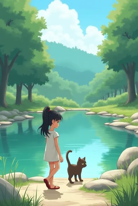 A girl with a black hair having ponytail with her cat walking away from the pond