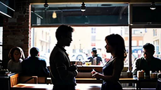 Silhouette images of women and men shoulder-to-shoulder, In a retro café, Warm,  characters are just silhouettes in a retro coffee shop 