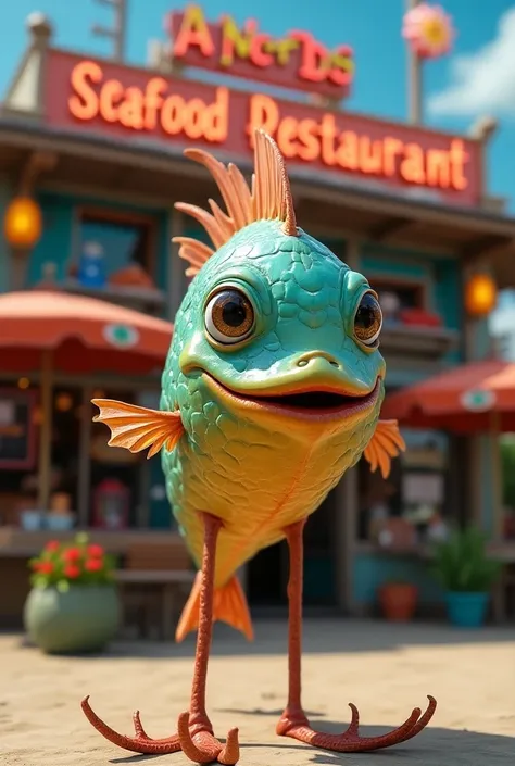 make a fish with legs in front of a seafood restaurant