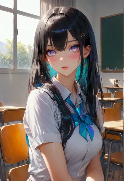 Long smooth straight black hair,inner dark iridescent hair, iridescent eyes,hourglass body figure, sitting in classroom in chair in jk uniform. masterpiece, super detail,detailed eyes, best quality, 8k,realistic