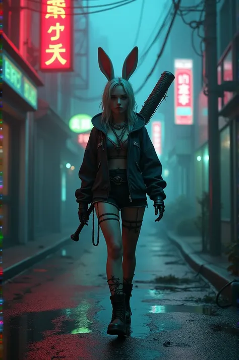 3d render,A cyberpunk human rabbit white, pretty, cute, with peircing and chain style punk girl, boots black, she walking on street bring stik baseball barbed wire and neon signs flickering in the background, The streets are covered in fog, dim blue lighti...