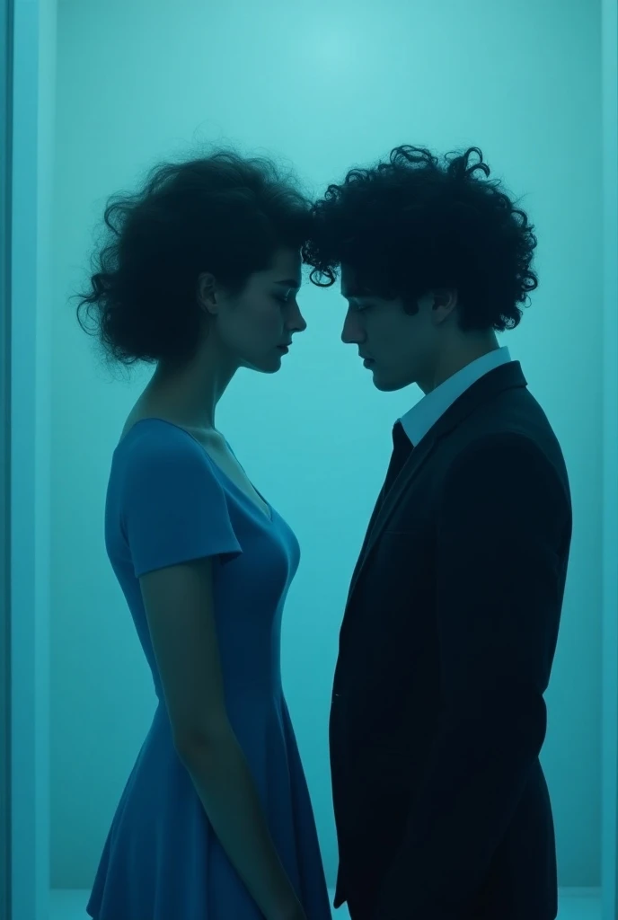  This is a picture of a man and a woman in a light blue room .  The man has curly and full hair ,  with well-defined black curls and a fringe full of fluffy curls, wearing a black suit. The woman has a sad look ,  with curly hair that is not finished , wea...