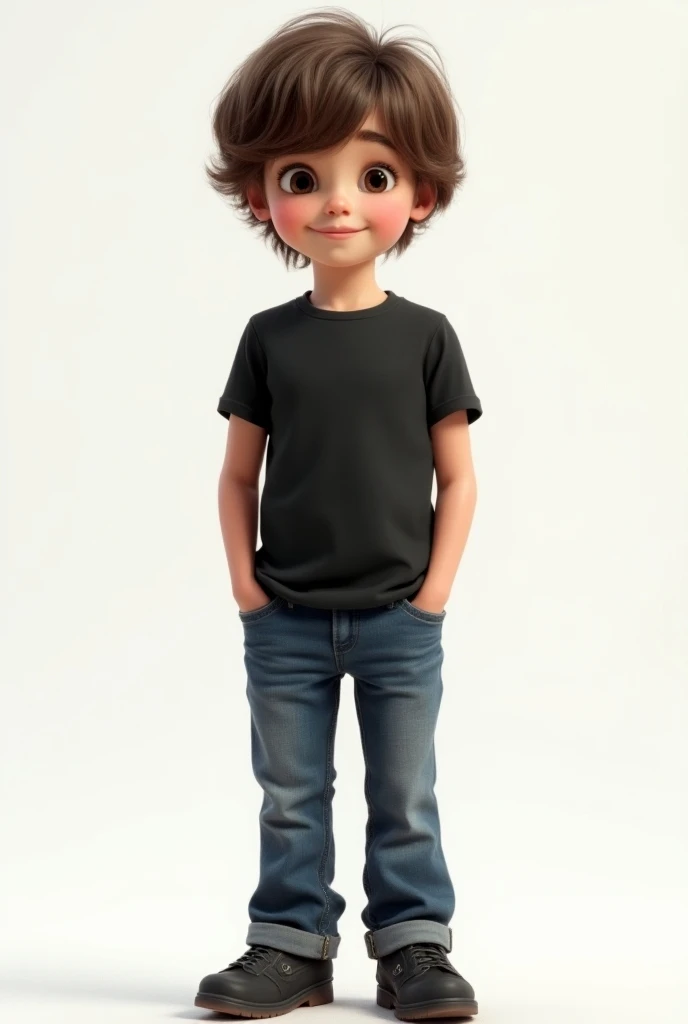 boy with wavy hair wearing black t shirt blue jeans and black shoes