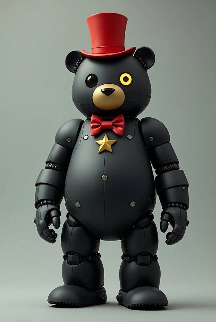  Robot bear with human anatomy ;  color black with gray details ;  full left eye black , right eye yellow; red top hat ;  red bow tie;  small yellow star on the chest; 2 (two) meters high 