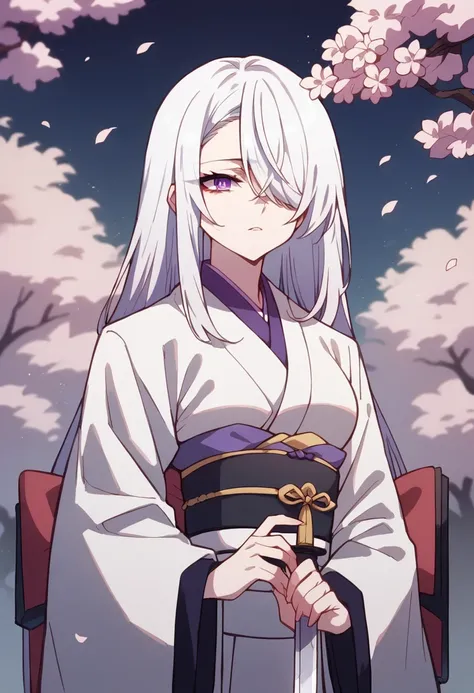 white hair，Purple pupils，The hair covers the right eye，kimono，Cherry blossoms，Japanese sword，long hair，sharp eyes