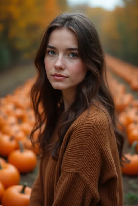 A gorgeous Croatian woman with brown eyes and long brown hair. Natural make up, freckles. Wearing an autumn outfit. On a pumpkin farm. 