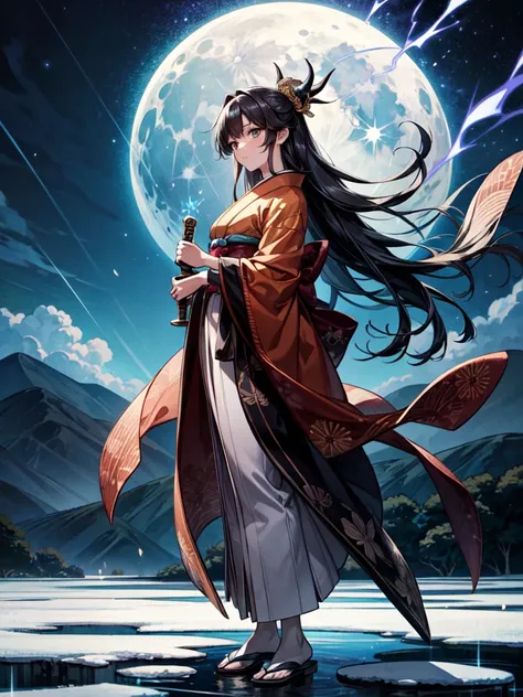 sfw, masterpiece,  High Resolution ,  full body standing picture depicting an anatomically correct ,  very detailed,  ultra-fine, (Manga cover illustration ), (Woman in a kimono with black hair ), Beauty, Long Hair,  holding a sword with the energy of thun...