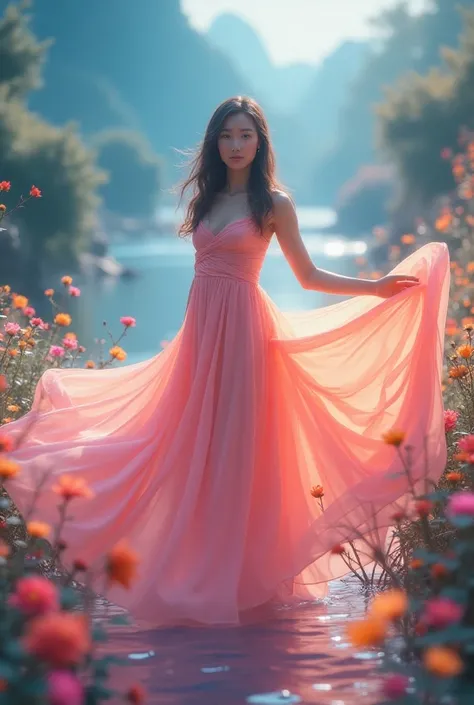  super quality HD8k  ( very detailed) )))A young woman (perfect face) ( in flowing ombre dress ), berdiri di sungai dan bidang luminous flowers  dan penuh warna. ( The dress is a beautiful blend of pink ) orange, and blue,  and seems to flow in clear river...