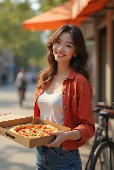 Beautiful happy woman holding an open pizza box wearing clothes written DLIRA bicycle on the side