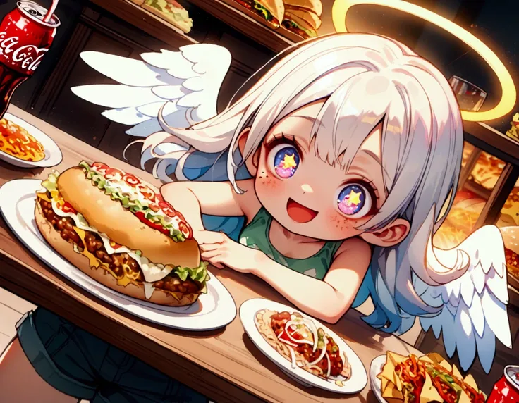 1girl\(angel,silver hair,shining hair, long hair, floating hair, cosmic eyes, big eyes,many stars in eyes, beautiful, cute, shiny body, (big white wings), glowing halo\(angel ring\), dark bag under eyes,geek,freckles, tank top\(geek-anime-printed\), green short shorts, big smile,open mouth, surprised, cute pose\) in distance, many beautiful foods\(pizza, humberger, lasagna, Coca-Cola, tacos, hot-dog, many shining effects\) on the table, BREAK ,background\(trippy colorful shines, simple,happy mood\), BREAK ,quality\(8k,wallpaper of extremely detailed CG unit, high resolution, top-quality, top-quality real texture skin, hyper realistic, increase the resolution, RAW photos, best quality, highly detailed, the wallpaper,golden ratio,high saturation realism, vibrant colors, dramatic lighting, persuasive storytelling, atmospheric scenery, captivating visuals, intricate details, strong emotions,dreamlike world\),(from above), (focus at foods),(dynamic angle:1.3)