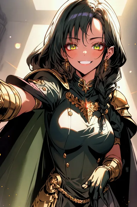  masterpiece ,  Anatomically correct,  The best quality , 1 woman,  black hair ,  Hair in front of the ears , Braid, medium breasts,  Light smile, green eyes, Jealous, plano americano,  Lens flare, armor,  green cape with golden edges, light sword ,  sword...