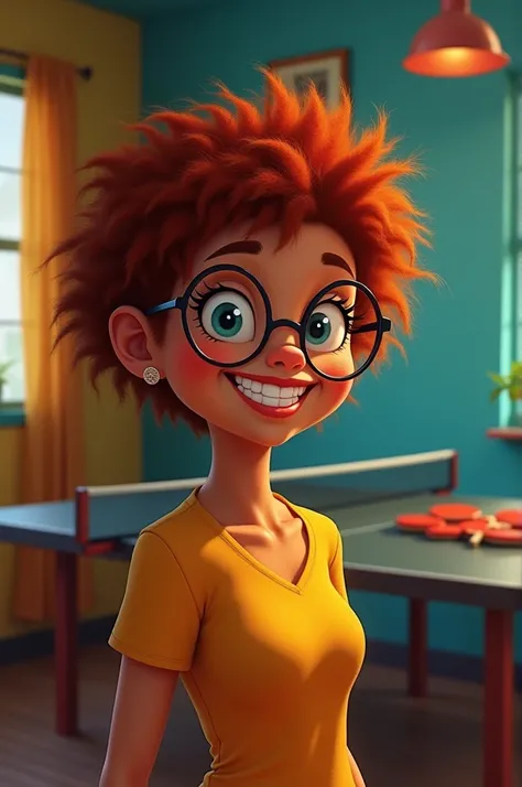 A girl with short red hair wearing ,  glasses is Afro-Brazilian and chubby hiding a ping pong table 