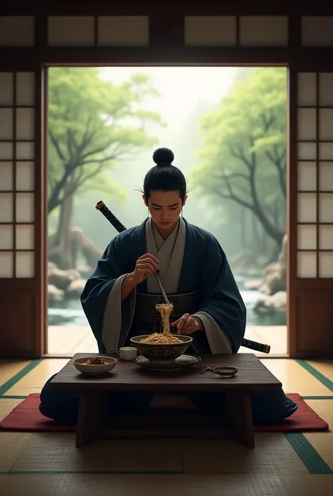 A Samurai eating noodles in a Japanese house