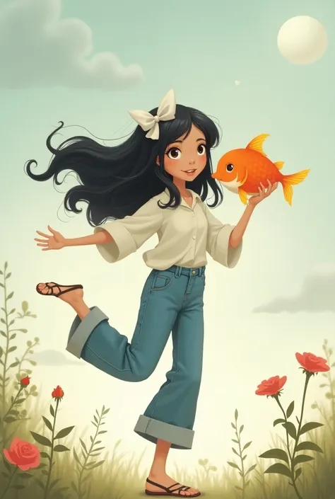  style creates an image of a black-haired girl with a hairstyle bow white shirt and blue jeans dancing with a fish. The Little Prince  