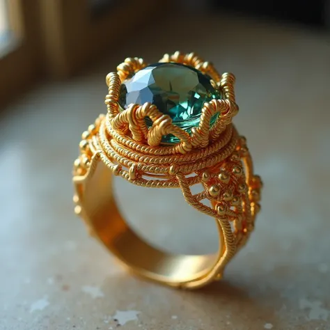 Advanced customization，Gold wire ring close-up，gem， handmade ， gold thread craftsmanship ，Fantasy quality，Precise lines ，noble、luxurious、Stunning、detail、Delicate light and shadow