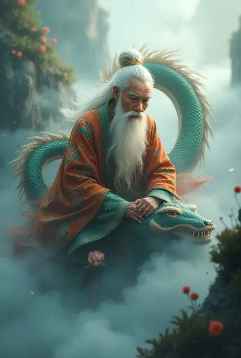 Chinese light-haired, long-bearded old man wearing lotus wearing colorful clothes sitting on the back of a Great Chinese Dragon in the mists