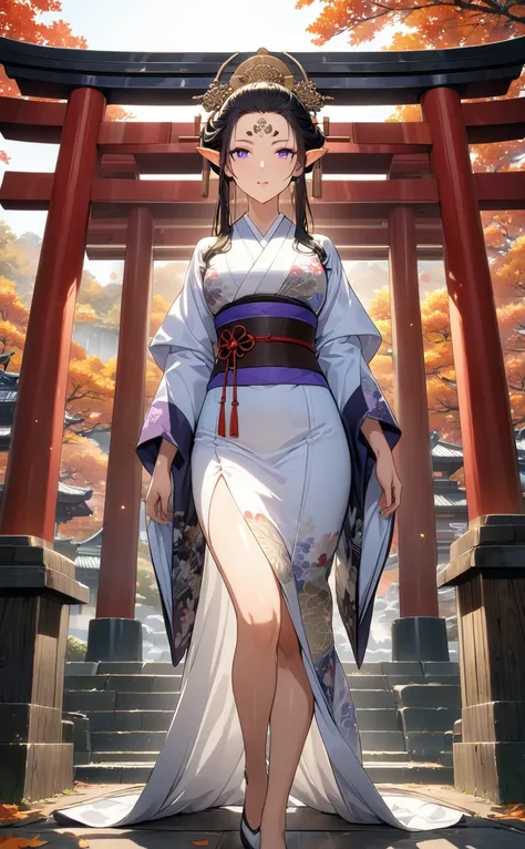 (masterpiece, ultra quality, official art, 8k, beautiful and aesthetic:1.3), (1lady), solo, (full body shot:1.3), (The landscape of the shrine in the fall), anatomically correct, absurdres, (well-defined facial features, perfectly proportioned face, gracef...