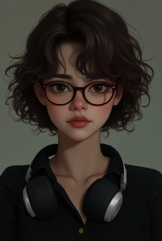 woman, light skin,  curly brown and short hair, plump lips, small eyes and dark brown , round glasses, headphone, black blouse, sad look, sad face