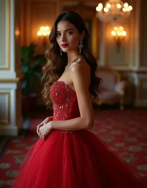 An female model with long, wavy hair, wearing a glamorous red evening gown, standing in a luxurious ballroom. The lighting is soft and elegant, highlighting her graceful posture. The model has a poised, elegant expression, with sparkling jewelry complement...