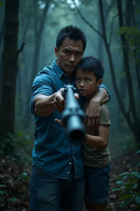 Handsome Thai man
Muscular build, blue button-down shirt and jeans, holding his brothers shoulder with one hand
and holding a shotgun with the other hand, aiming it at the camera. The older brother looks scared and stands hugging his younger brothers torso...