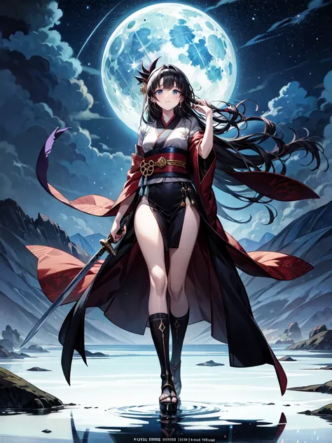 sfw, masterpiece,  High Resolution ,  full body standing picture depicting an anatomically correct ,  very detailed,  ultra-fine, (Manga cover illustration ), (Black-haired beauty), kimono, Long Hair, purple blue eyes ,  holding a sword that emits thunders...