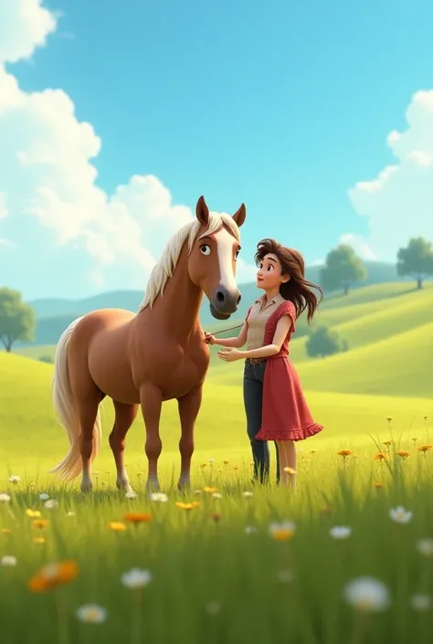 3d pixar  handsome Man and women with horse in flieds