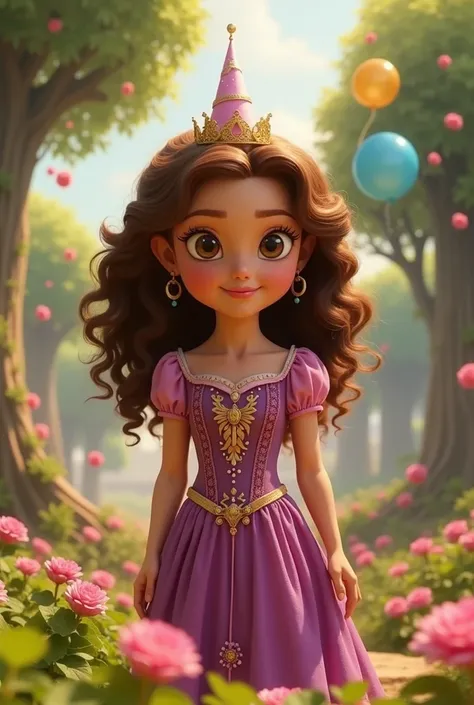 Une petite princesse avec les cheveux châtains bouclés, yeux marrons méditerranéenne style Disney Pixar qui fête son anniversaire avec Raiponce