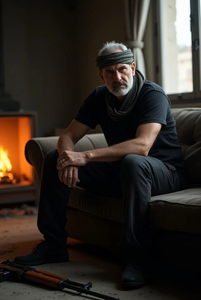 Confident decent middle age male, skinny, looking at window, palestinian resistance, short white hair, sitting on sofa, wear black tshirt, wear tactical pants, covering face, with turban scarf, covering head, dark background, in living room, burning fire, ...